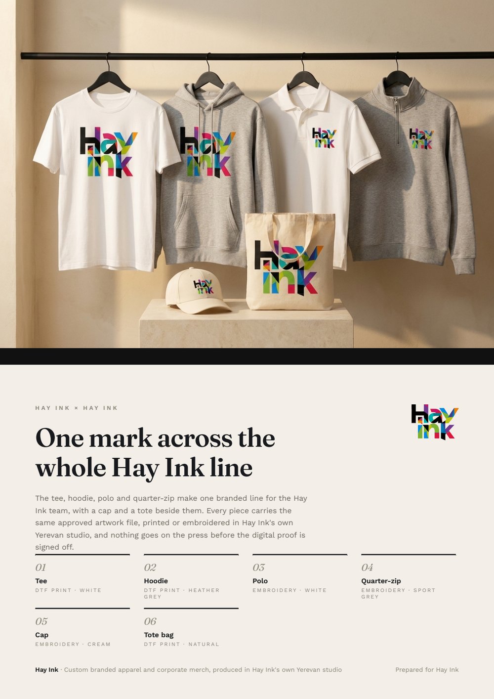 Page 1 of the example proposal: the Hay Ink line on a rail, the headline, the intro and the six-product index