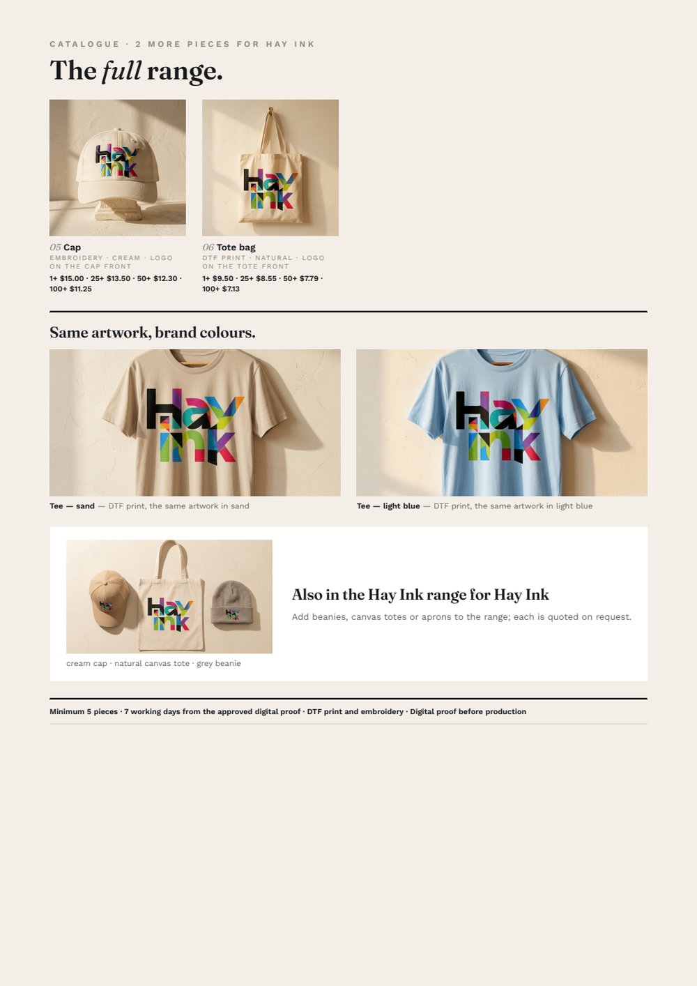 Page 3 of the example proposal: catalogue cards for the cap and the tote, the tee in two more colours, the accessories shot