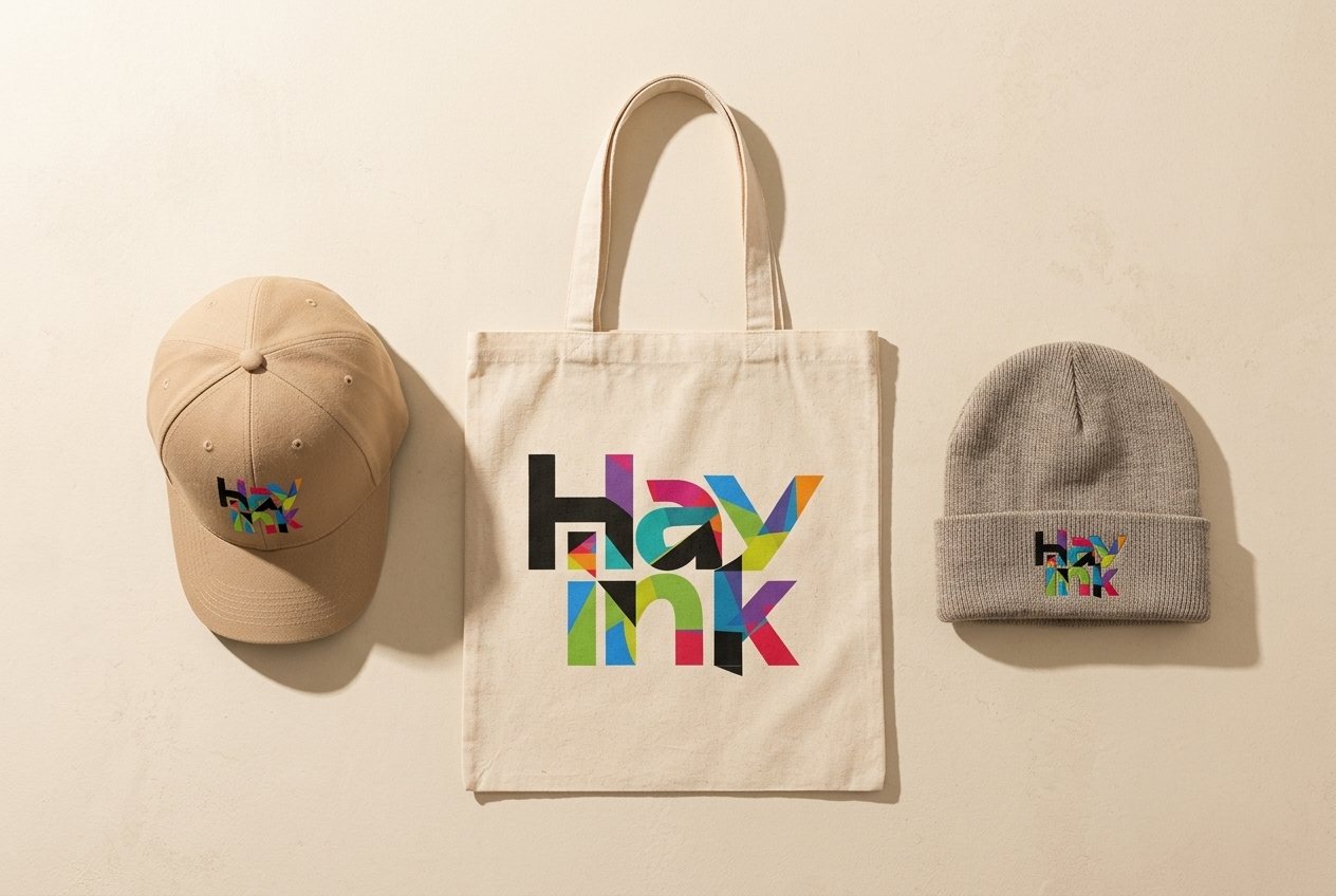 Flat-lay of a sand cap, a natural canvas tote and a grey knit beanie, each with the Hay Ink logo, on a cream stone surface