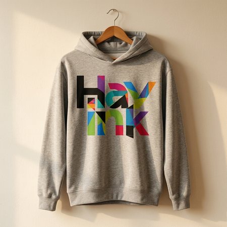 Heather-grey hoodie on a hanger with the Hay Ink logo printed on the centre chest