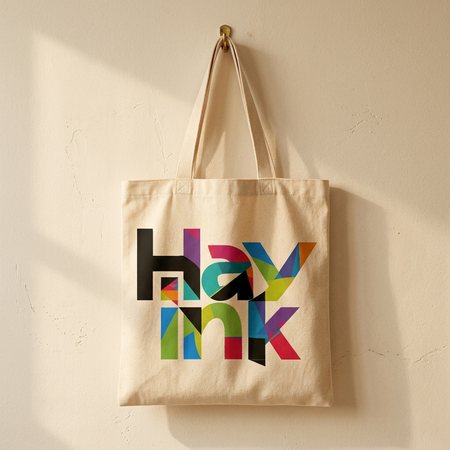 Natural canvas tote bag hanging from a brass hook with the Hay Ink logo printed on the front